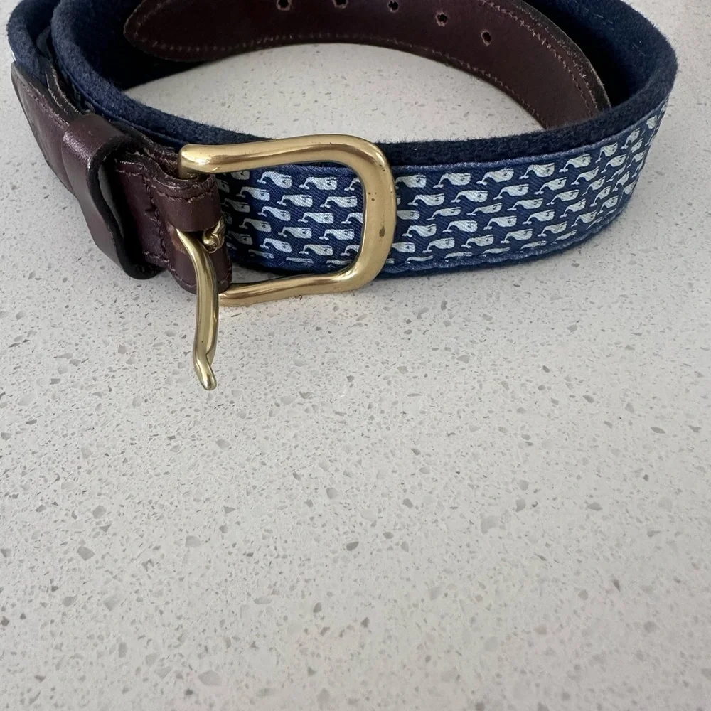 Vineyard Vines Navy and Brown Belt with Gold Buckle